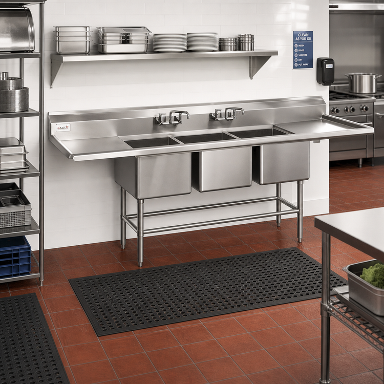 Product image #2 for Eagle Spec-Master FN Series Three-Compartment Sink with Left Drainboard, 91.5 Inch W, 14 Gauge Stainless Steel