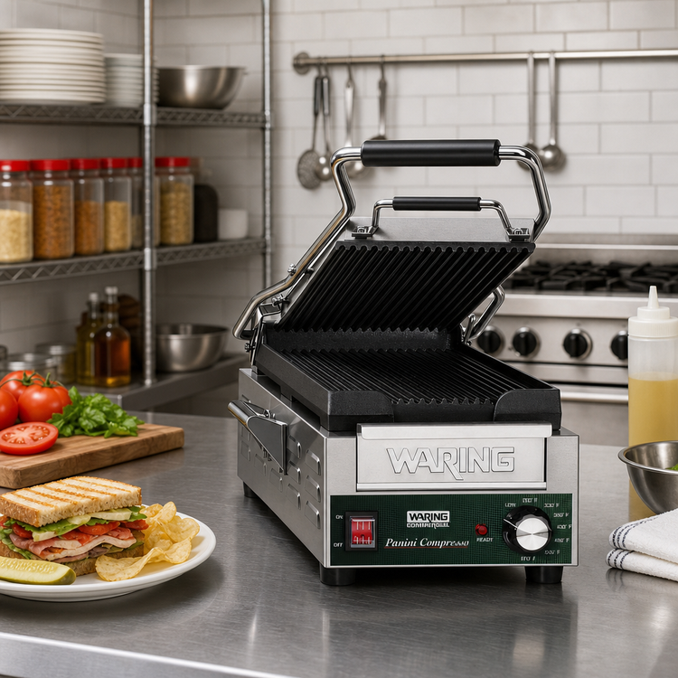 Product image #3 for Waring Panini Compresso Slimline Commercial Panini Grill with Ribbed Cast Iron Plates, 7.75 x 14.5 Inch Cooking Surface, 120V