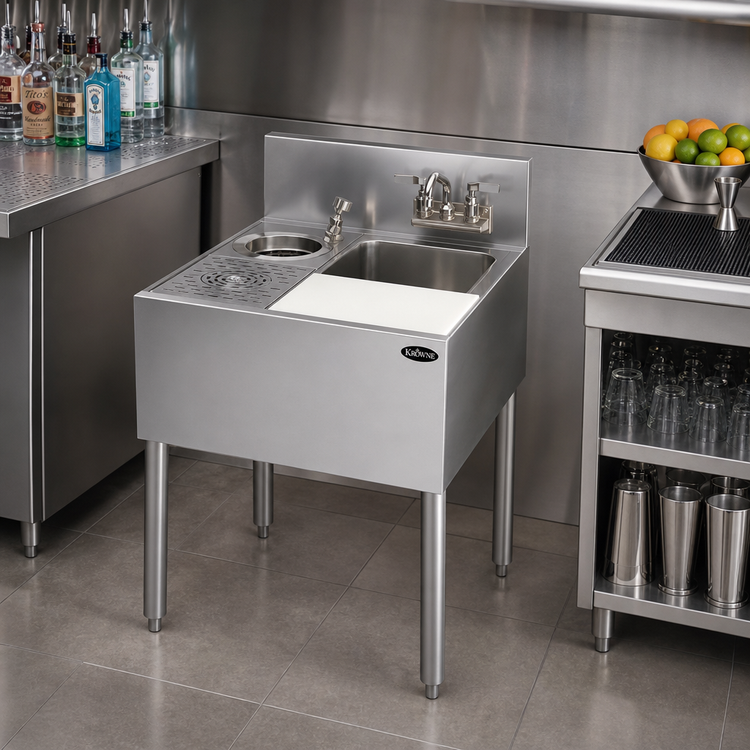 Product image #2 for Krowne Royal Series 20-Inch W x 24-Inch D Underbar Speed Unit with Sink Bowl, Glass Rinser, and Right-Side Cutting Board