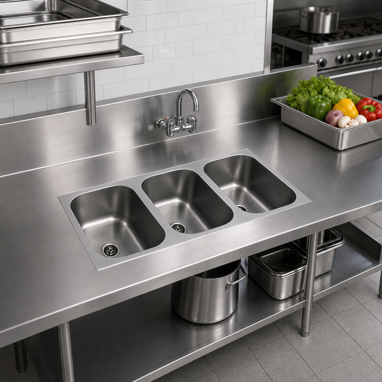 Product image #2 for Eagle Group Three-Compartment Weld-In Sink with Deep-Drawn Seamless Bowls, 10" W x 14" D x 9-1/2" Deep