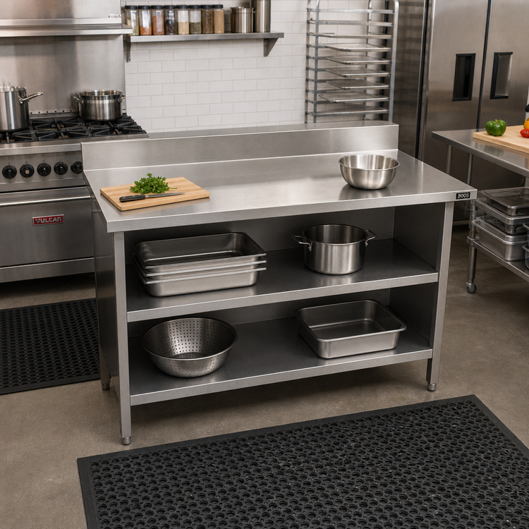 Product image #2 for John Boos Enclosed Base Stainless Steel Work Table, Open Front, 72 x 24 Inches, 16 Gauge Top with 5 Inch Backsplash