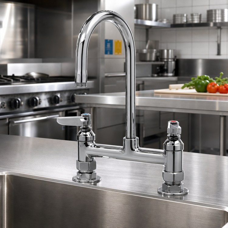 Product image #2 for T&S Brass 8-Inch Deck-Mount Low-Lead Mixing Faucet with Rigid/Swivel Gooseneck and Lever Handles
