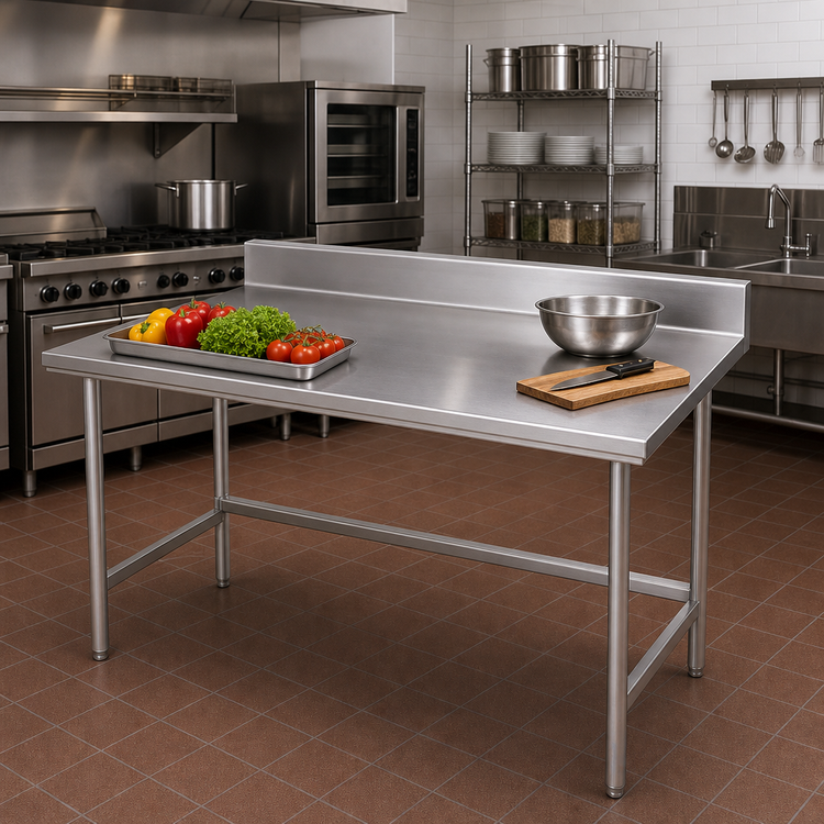 Product image #2 for Advance Tabco 84-Inch x 24-Inch Open Base Work Table with 14-Gauge 304 Stainless Steel Top and 5-Inch Backsplash