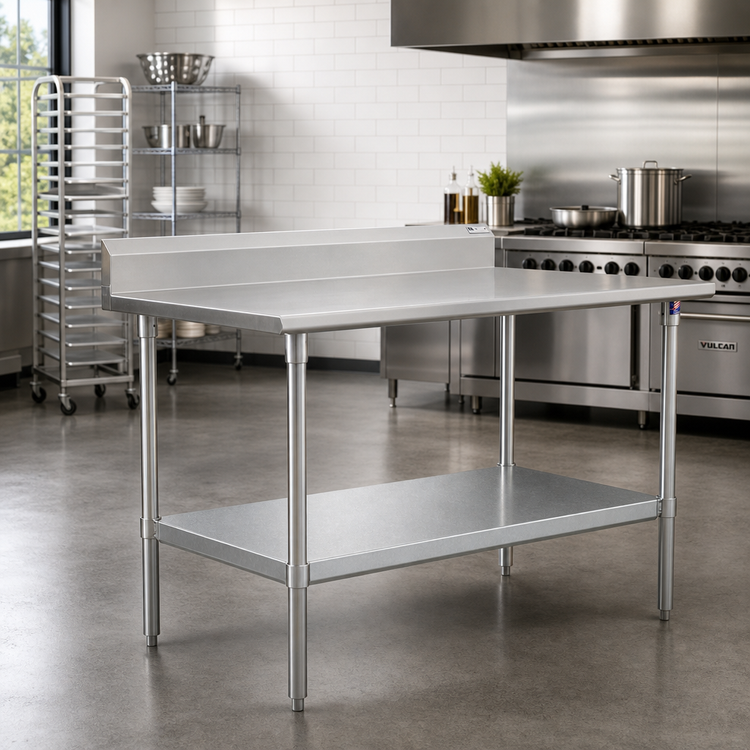 Product image #2 for John Boos Stallion 84" x 30" Stainless Steel Work Table with 5" Backsplash, Safety Edge, and Galvanized Undershelf