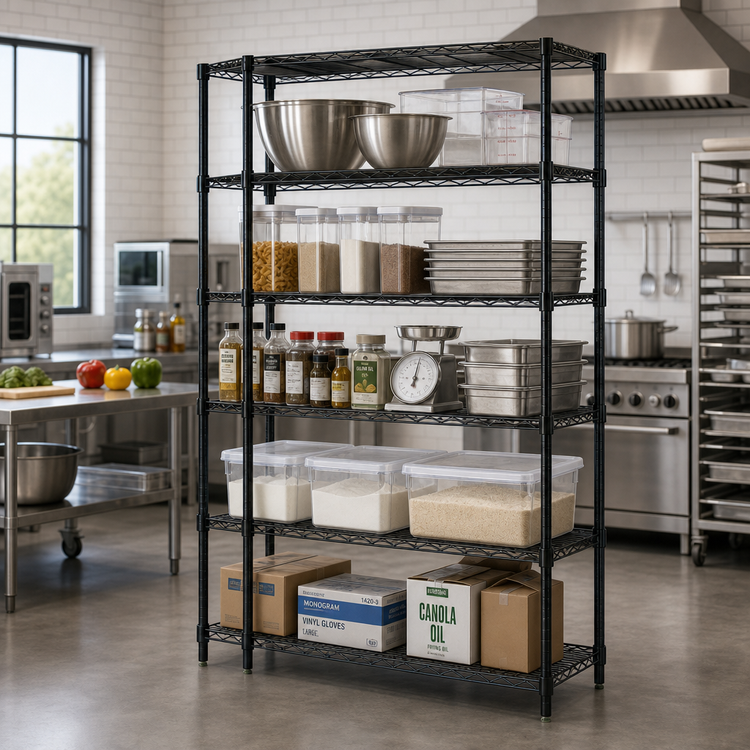 Product image #2 for Quantum Stationary Wire Shelving Starter Kit, 60"W x 36"D x 86"H, 5 Shelves, Black Epoxy Finish