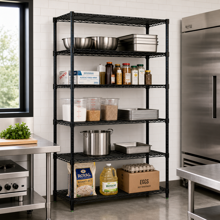 Product image #2 for Quantum Stationary 5-Shelf Wire Shelving Starter Kit, 72-Inch W x 21-Inch D x 74-Inch H, Black Epoxy Finish