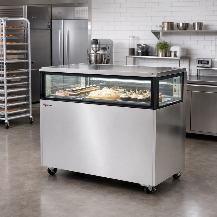 Product image #2 for Omcan 36-Inch Flat Top Refrigerated Bakery Display Case, 9.6 Cu. Ft., Stainless Steel, Straight Glass Front and Sides