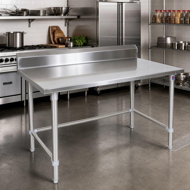 Product image #2 for John Boos Stallion 108" x 30" 14 Gauge 300-Series Stainless Steel Work Table with 5" Backsplash and Safety Edge