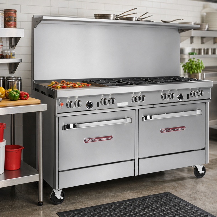 Product image #2 for Southbend Ultimate 60-Inch Commercial Gas Restaurant Range with 6 Open Burners, 24-Inch Griddle, Convection Oven and Cabinet Base