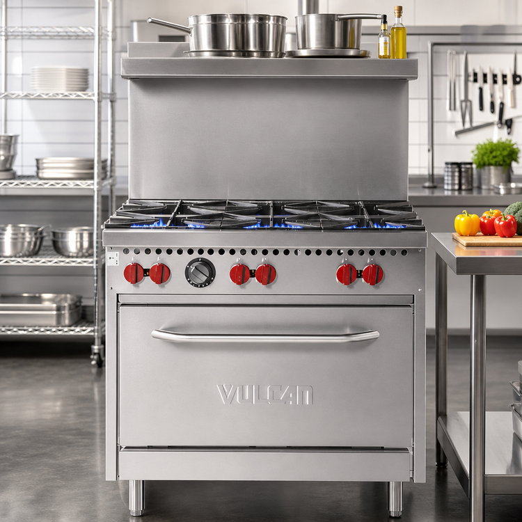Product image #2 for Vulcan 36-Inch LP Gas Commercial Range with 6 Open Burners, Standard Oven, and Backriser High Shelf