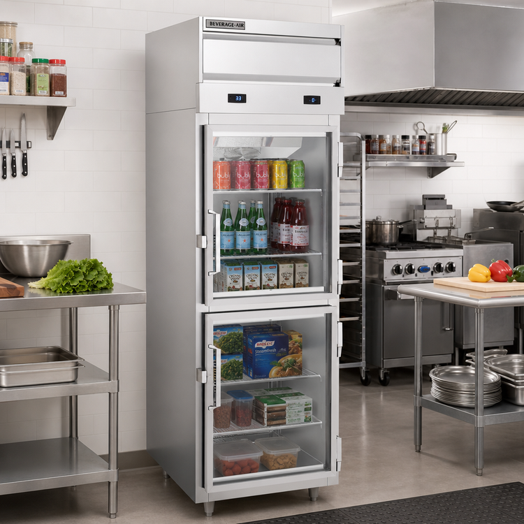 Product image #2 for Beverage-Air P-Series Dual Temp 1-Section Reach-In Refrigerator/Freezer, 18 Cu. Ft., Top-Mounted Self-Contained, Hinged Glass Half-Doors