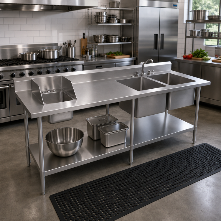Product image #2 for 84-Inch x 30-Inch 304 Stainless Steel Sink Work Table with Right-Side Prep Sink and Hand Sink