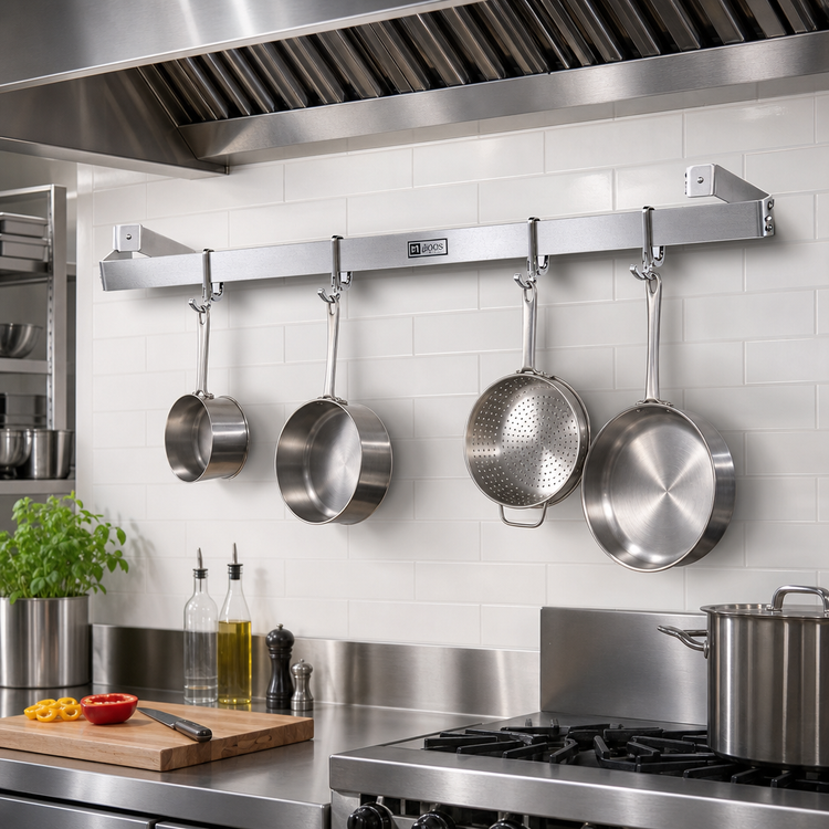 Product image #2 for John Boos 48-Inch Wall-Mount Single-Bar Stainless Steel Commercial Pot Rack with 4 Double Hooks
