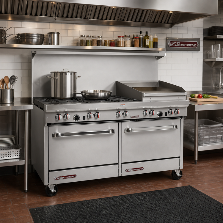 Product image #2 for Southbend S-Series 60-Inch Gas Restaurant Range with 6 Open Burners, Right-Side 24-Inch Raised Griddle/Broiler, and 2 Standard Ovens