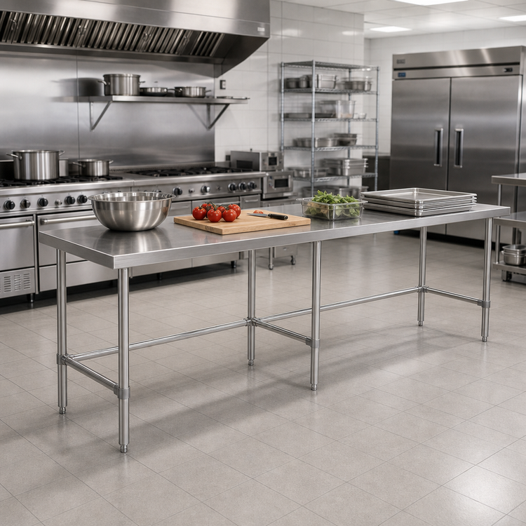 Product image #2 for Sapphire 108-Inch x 14-Inch 18-Gauge 430 Stainless Steel Open Base Work Table