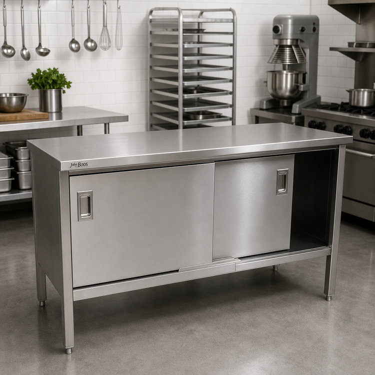 Product image #2 for John Boos Enclosed Work Table with Cabinet Base and Sliding Doors, 96 x 24 Inches, 14-Gauge 300 Series Stainless Steel Top