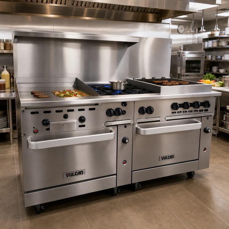Product image #2 for Vulcan Endurance 72-Inch Gas Restaurant Range with 24-Inch Thermostatic Griddle, 4 Open Burners, 24-Inch Charbroiler, and 2 Convection Ovens