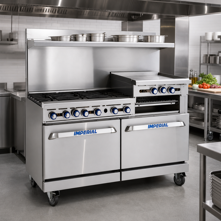 Product image #2 for Imperial Pro Series 60-Inch Commercial Gas Restaurant Range with 4 Open Burners, 36-Inch Griddle, Standard Oven, Open Cabinet and Backriser Hi-Shelf