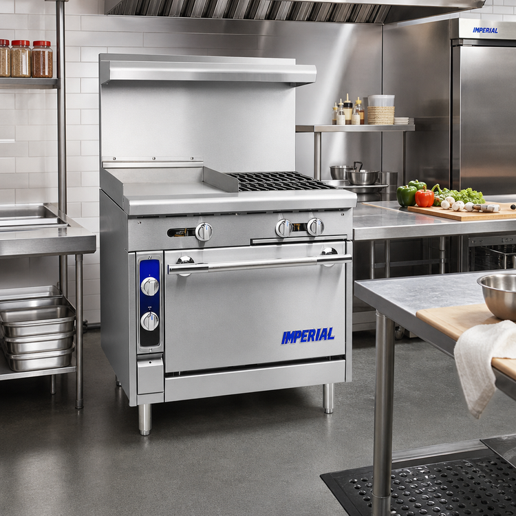 Product image #2 for Imperial Spec Series Heavy-Duty Commercial Gas Range with 2 Open Burners and 18-Inch Griddle, 36-Inch Modular Countertop Model