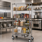 Thumbnail image #2 for Quantum WRC74-1848-4BSKDLH Chrome-Plated Post Basket Cart, 48 x 18 x 80 Inches, 3 Wire Shelves, 4 Baskets, 1200 lb Capacity