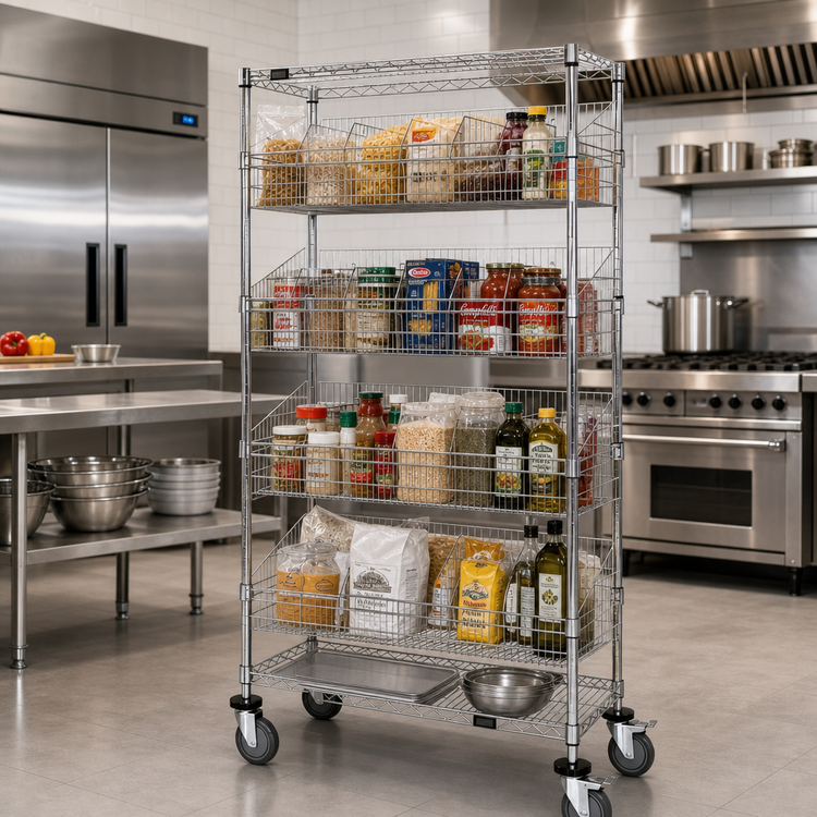 Product image #2 for Quantum Chrome-Plated Post Basket Cart with 3 Wire Shelves and 4 Baskets