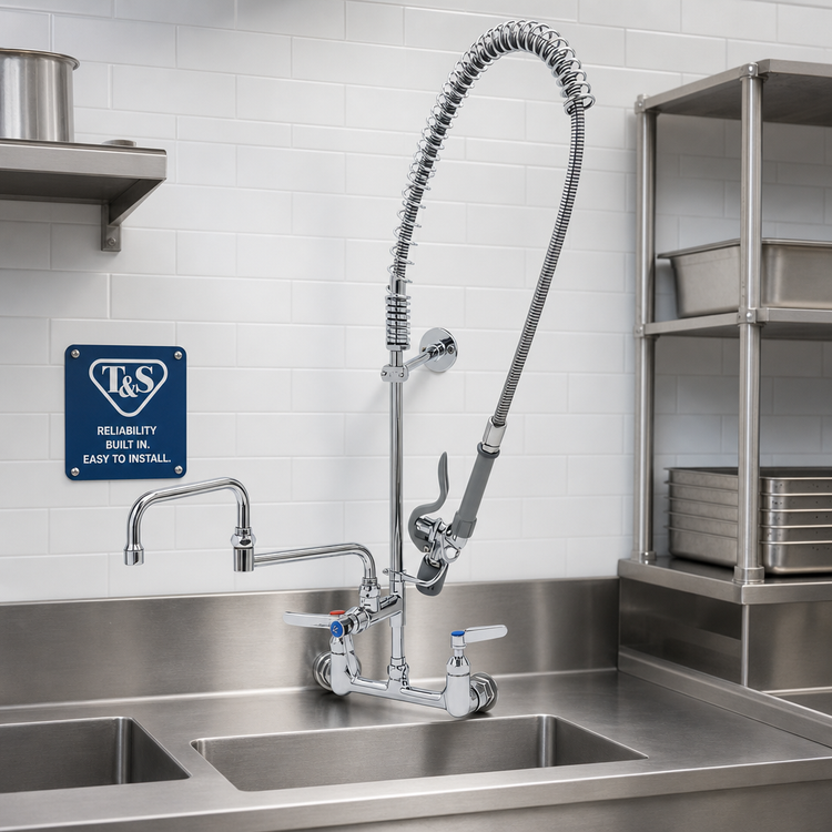 Product image #2 for T&S Brass EasyInstall 8-Inch Wall Mount Pre-Rinse Unit with Add-On Faucet, 15-Inch Double Joint Swing Nozzle, 44-Inch Hose, and Low-Flow Spray Valve
