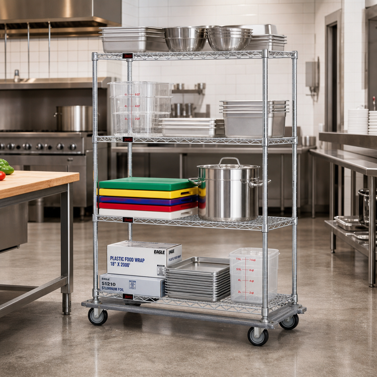 Product image #2 for Eagle Group 4-Tier Chrome Wire Shelving Dolly Truck, 36 x 21 Inches