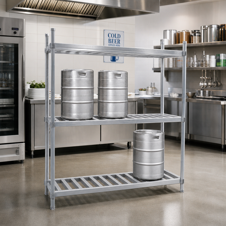 Product image #2 for Advance Tabco 72-Inch Aluminum Keg Rack with 3 Shelves, 8-Keg Capacity