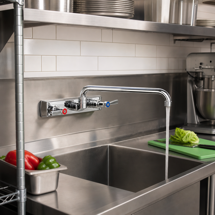 Product image #2 for BK Resources OptiFlow Heavy Duty Solid Body Backsplash-Mount Faucet with 12-Inch Swing Spout, 8-Inch Centers