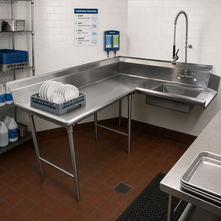 Product image #2 for Advance Tabco Korner Spec-Line 107-Inch Left-Hand L-Shaped Soil Dishtable with Pre-Rinse Sink, 14-Gauge 304 Stainless Steel