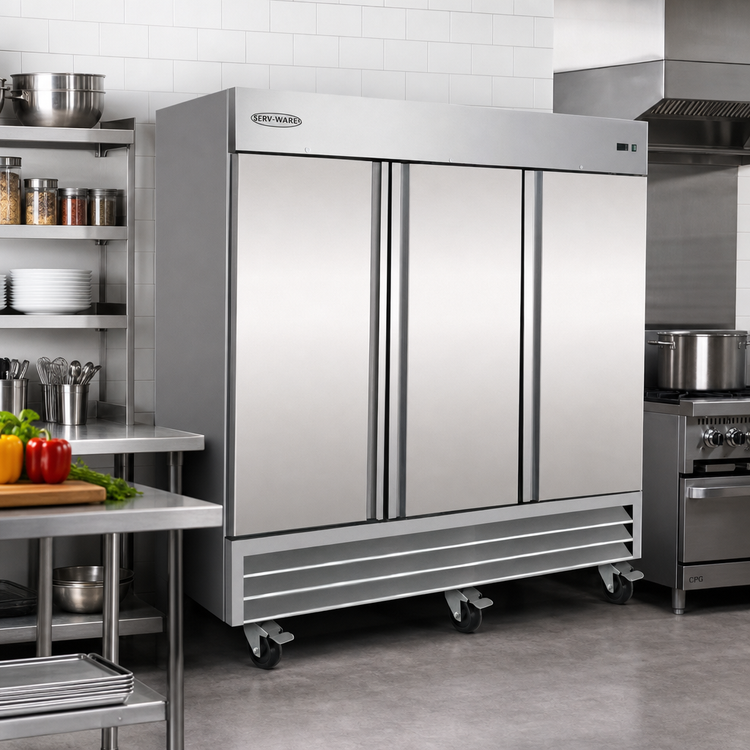 Product image #2 for Serv-Ware 3-Door 3-Section Reach-In Refrigerator, 72 Cu. Ft., Self-Contained Bottom Mount, 115V