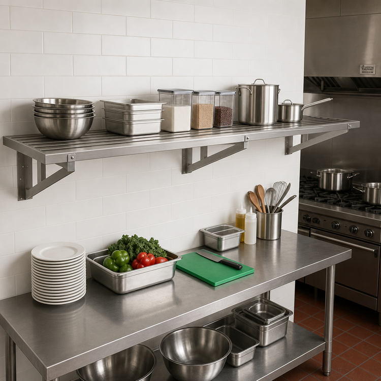 Product image #2 for Advance Tabco Heavy Duty Slotted Stainless Steel Cook Line Wall Shelf, 120 x 21 Inches