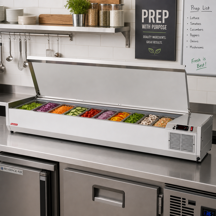 Product image #3 for Turbo Air E-Line 70-7/8-Inch Countertop Salad Prep Table with Side-Mounted Self-Contained Refrigeration, 8 GN 1/3 Pan Capacity