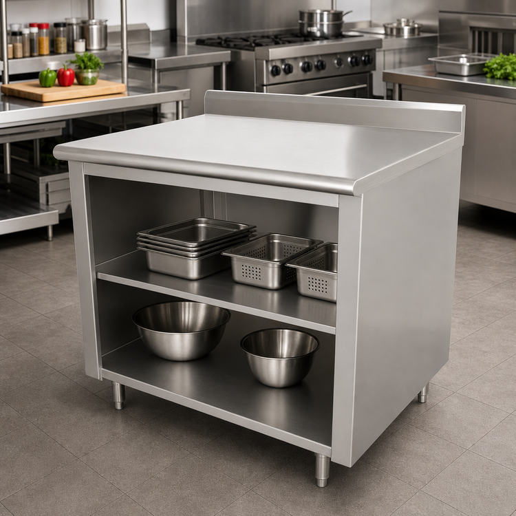 Product image #2 for Advance Tabco 72" x 36" Stainless Steel Work Table with Open Front Cabinet Base, Mid-Shelf, and 5" Backsplash