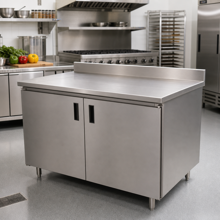 Product image #2 for Advance Tabco Special Value Series Enclosed Work Table with Cabinet Base and Sliding Doors, 84 x 24 Inch, 304 Stainless Steel Top, 5 Inch Backsplash