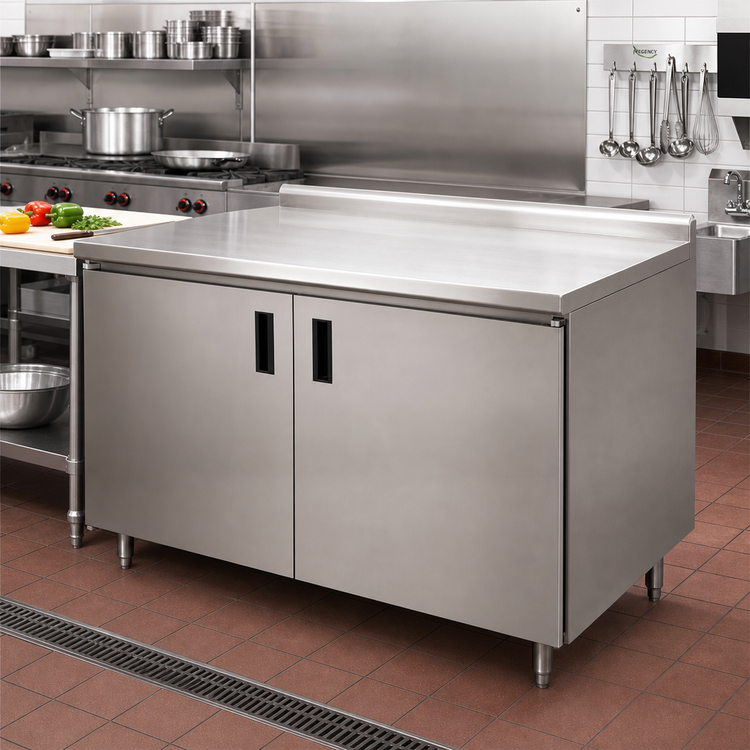 Product image #2 for Advance Tabco Enclosed Cabinet Base Work Table with Mid-Shelf and Hinged Doors, 120 x 36 Inch, 14 Gauge 304 Stainless Steel Top