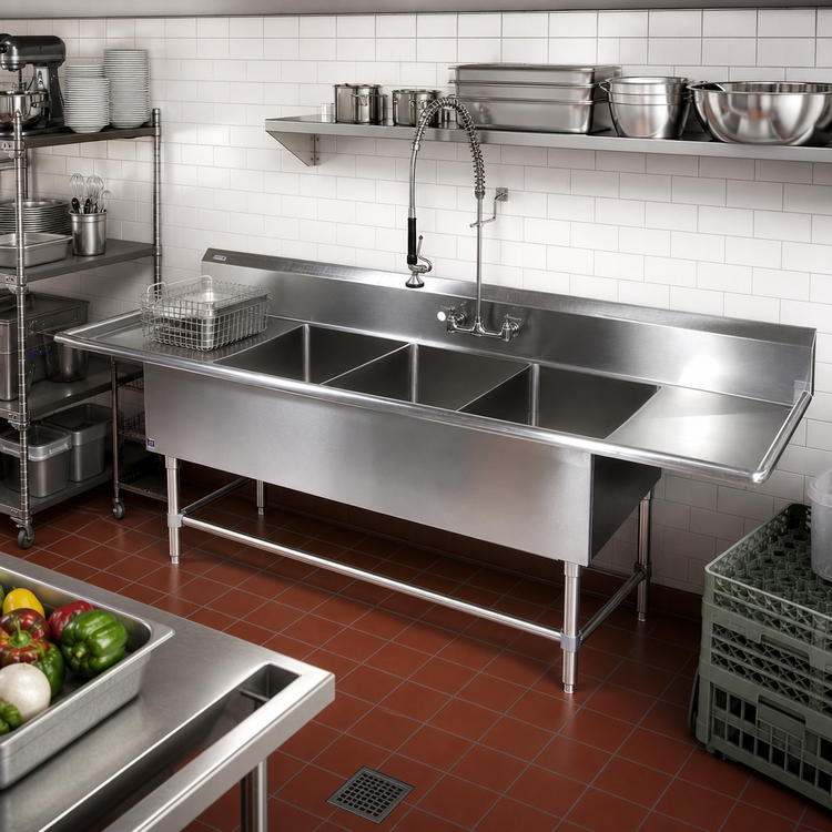 Product image #2 for John Boos Pro-Bowl 3-Compartment Sink with 24-Inch Left and Right Drainboards, 16 x 20 x 14-Inch Bowls, 14-Gauge Stainless Steel