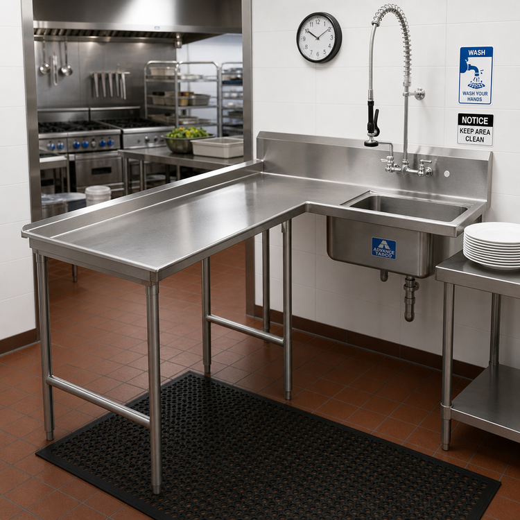 Product image #2 for Advance Tabco L-Shaped Island Soil Dishtable, Left-Hand, 107 Inch, 304 Stainless Steel, with Pre-Rinse Sink
