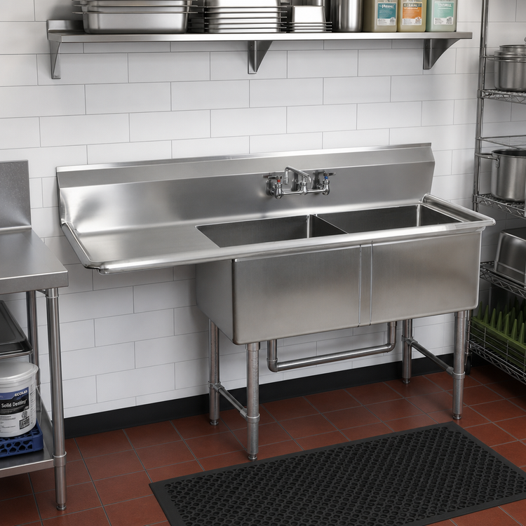 Product image #2 for BK Resources Two-Compartment Stainless Steel Sink with Left-Hand Drainboard, 52-1/2 Inches W x 25-13/16 Inches D