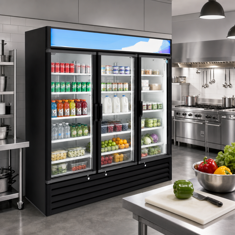 Product image #2 for Hoshizaki RM-65-HC-BLK Three-Section Reach-In Glass Door Merchandiser Refrigerator, 56.04 Cu. Ft., Black