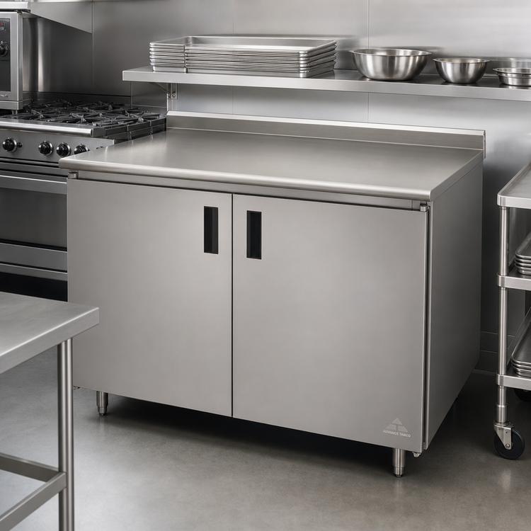 Product image #2 for Advance Tabco 84" x 24" 14 Gauge 304 Stainless Steel Enclosed Work Table with Cabinet Base, Mid-Shelf and Hinged Doors