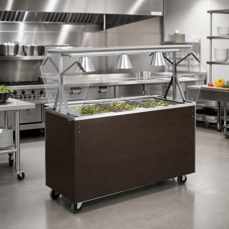 Product image #2 for Vollrath 2-Series Affordable Portable 46-Inch 3-Pan Non-Refrigerated Cold Food Station with Buffet Breath Guard, Walnut Woodgrain Solid Base