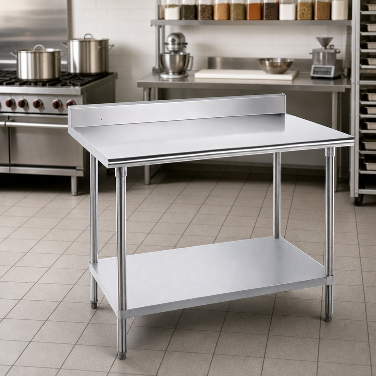 Product image #2 for 48" x 24" 16-Gauge 430 Stainless Steel Work Table with 5" Backsplash and Adjustable Galvanized Undershelf