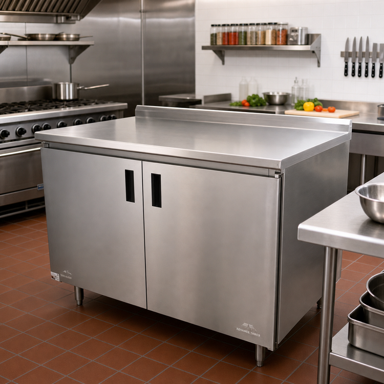 Product image #2 for Advance Tabco 72" x 24" Enclosed Work Table with Cabinet Base, 14 Gauge 304 Stainless Steel Top, Hinged Doors, and 1-1/2" Rear Up-Turn