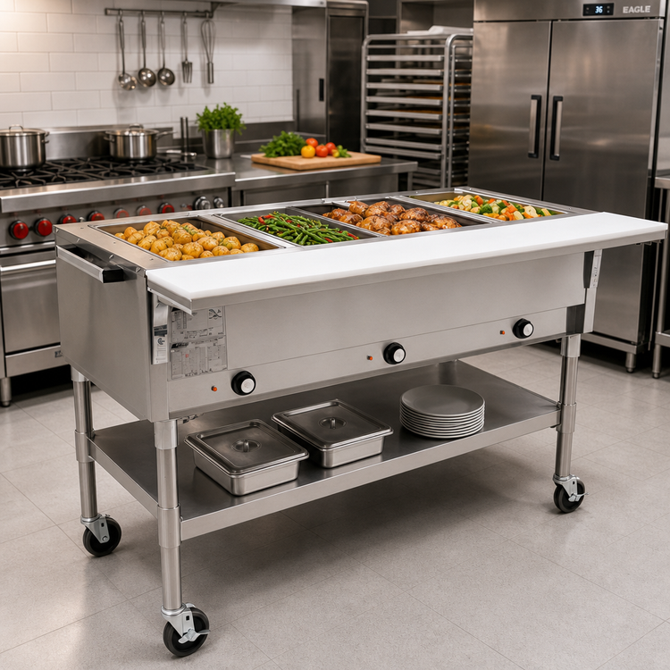 Product image #2 for Eagle Group 66-Inch Portable Electric Hot Food Table with 4 Dry Wells, Open Shelf Base