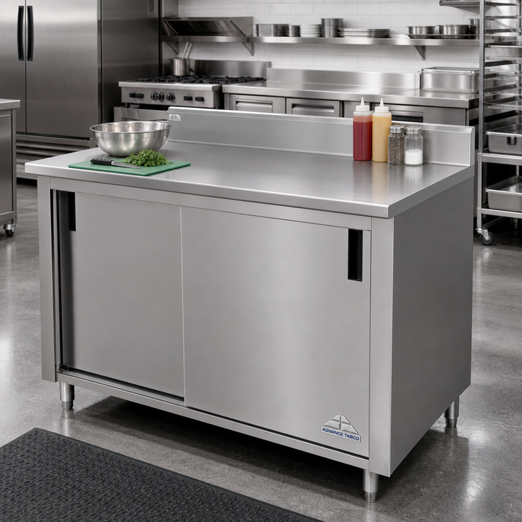 Product image #2 for Advance Tabco Enclosed Work Table with Sliding Door Cabinet Base, 108W x 30D, 14-Gauge 304 Stainless Steel Top