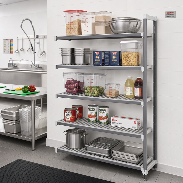 Product image #2 for Cambro Camshelving Elements XTRA 5-Tier Stationary Add-On Louvered Polymer Shelving Unit, 21 x 54 x 64 Inches, Speckled Gray