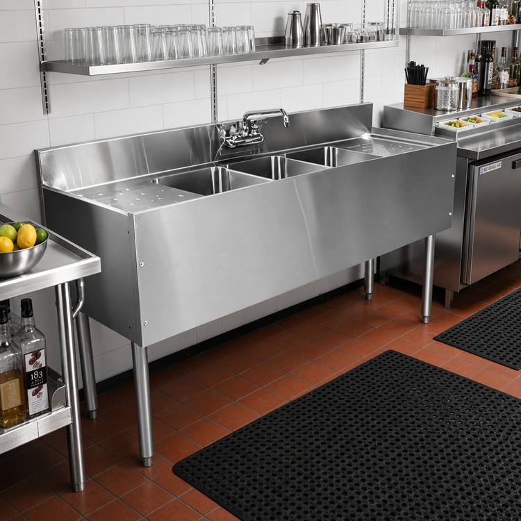 Product image #2 for CHOICE by Glastender C-FSB-96 Four-Compartment Underbar Sink Unit with Dual Drainboards, 96 x 24 Inches