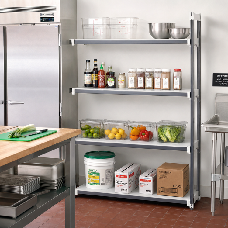 Product image #2 for Cambro Camshelving Elements XTRA 4-Tier Stationary Add-On Polymer Shelving Unit, 18" x 48" x 64", Solid Shelves, Speckled Gray
