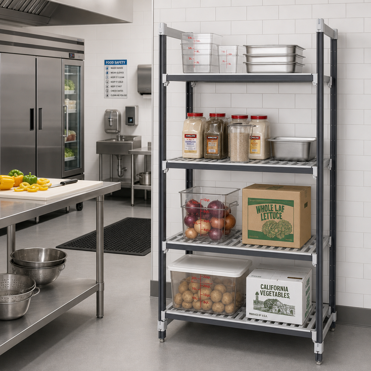 Product image #2 for Cambro Camshelving Elements XTRA 24" x 60" x 84" Stationary Starter Polymer Shelving Unit, 4-Shelf, Speckled Gray